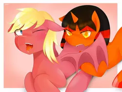 Size: 1280x960 | Tagged: suggestive, artist:shilzumi, derpibooru import, oc, oc:flame deadpan, unofficial characters only, bat pony, pony, unicorn, ahegao, aroused, biting, drool, duo, eye clipping through hair, female, image, jpeg, male, mare, one eye closed, open mouth, stallion, tongue out, wing bite, wings