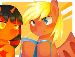 Size: 1280x960 | Tagged: safe, artist:shilzumi, derpibooru import, oc, oc:flame deadpan, unofficial characters only, bat pony, pony, unicorn, blushing, book, duo, emanata, eye clipping through hair, fangs, female, image, jpeg, looking at something, male, mare, question mark, reading, signature, stallion