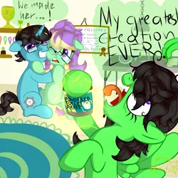 Size: 2400x2400 | Tagged: safe, artist:limeovertime, derpibooru import, oc, unofficial characters only, pegasus, pony, unicorn, female, filly, foal, glasses, horn, image, invention, jpeg, mad scientist, pegasus oc, tongue out, trio, unicorn oc, wings