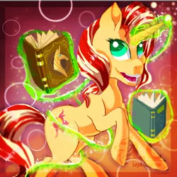 Size: 1024x1024 | Tagged: safe, artist:may-li128, derpibooru import, sunset shimmer, pony, unicorn, book, female, glow, glowing horn, horn, image, magic, png, solo, telekinesis