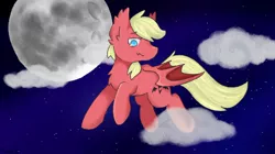 Size: 1280x719 | Tagged: artist needed, safe, derpibooru import, oc, unofficial characters only, bat pony, pony, cloud, flying, image, jpeg, looking down, male, moon, night, night sky, sky, solo, stallion