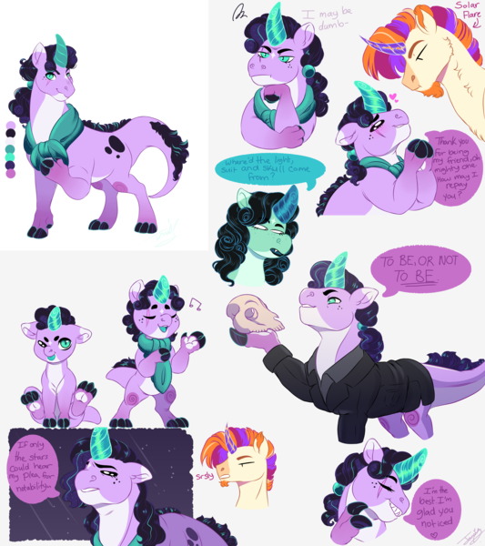 Size: 4000x4500 | Tagged: safe, artist:theartfox2468, derpibooru import, oc, oc:ignatius spark, oc:jade gemstone, oc:solar flare, unofficial characters only, dracony, hybrid, pony, unicorn, absurd resolution, bipedal, clothes, coat, color palette, crystal horn, dialogue, eye scar, female, hamlet, horn, image, interspecies offspring, male, offspring, parent:rarity, parent:spike, parent:starlight glimmer, parent:sunburst, parents:sparity, parents:starburst, png, scar, scarf, shakespeare, simple background, skull, speech bubble, stallion, white background