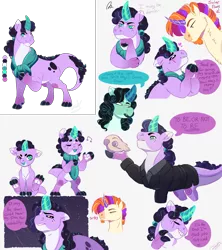 Size: 4000x4500 | Tagged: safe, artist:theartfox2468, derpibooru import, oc, oc:ignatius spark, oc:jade gemstone, oc:solar flare, unofficial characters only, dracony, hybrid, pony, unicorn, absurd resolution, bipedal, clothes, coat, color palette, crystal horn, dialogue, eye scar, female, hamlet, horn, image, interspecies offspring, male, offspring, parent:rarity, parent:spike, parent:starlight glimmer, parent:sunburst, parents:sparity, parents:starburst, png, scar, scarf, shakespeare, simple background, skull, speech bubble, stallion, white background