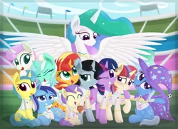 Size: 1024x742 | Tagged: safe, artist:vito, lemon hearts, lyra heartstrings, minuette, moondancer, pluto, princess celestia, princess erroria, sunset shimmer, trixie, twilight sparkle, twinkleshine, pony, unicorn, 4chan, football, friendship association games, image, inkwell, jpeg, smiling, soccer field, sports, team, unicorn twilight