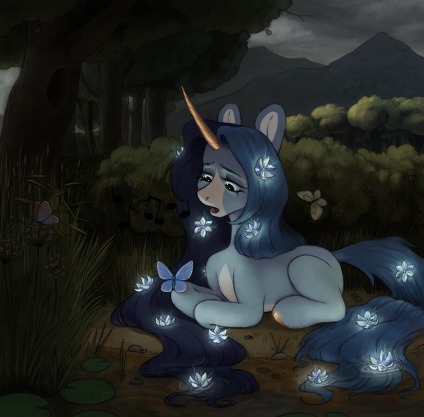 Size: 3000x2949 | Tagged: safe, artist:bloodymrr, derpibooru import, cinnabar, golden hooves, quicksilver, oc, oc:joanna, unofficial characters only, butterfly, insect, pony, unicorn, apple, apple tree, blue eyes, blue mane, blue tail, bush, butterfly wings, cloud, commission, flower, flower in hair, food, forest, forest background, image, lying, lying down, mountain, open mouth, png, rcf community, river, sand, singing, sky, solo, tail, thunderstorm, tree, water, water lily, wings