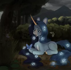 Size: 3000x2949 | Tagged: safe, artist:bloodymrr, derpibooru import, cinnabar, golden hooves, quicksilver, oc, oc:joanna, unofficial characters only, butterfly, insect, pony, unicorn, apple, apple tree, blue eyes, blue mane, blue tail, bush, butterfly wings, cloud, commission, flower, flower in hair, food, forest, forest background, image, lying, lying down, mountain, open mouth, png, rcf community, river, sand, singing, sky, solo, tail, thunderstorm, tree, water, water lily, wings