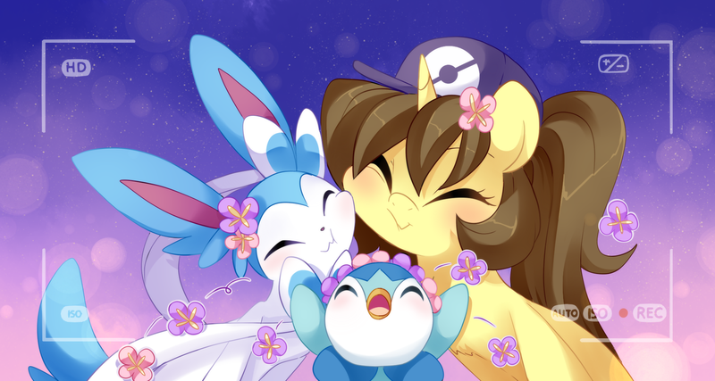 Size: 1875x1000 | Tagged: safe, artist:loyaldis, derpibooru import, oc, oc:astral flare, piplup, pony, sylveon, unicorn, adorable face, blushing, cute, daaaaaaaaaaaw, eyes closed, flower, flower in hair, hat, image, png, pokémon, pokémon trainer, ponytail, shiny pokémon, shiny sylveon, smiling