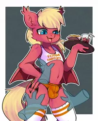 Size: 1036x1280 | Tagged: suggestive, artist:snow angel, derpibooru import, oc, unofficial characters only, anthro, bat pony, crotch bulge, disembodied hand, drink, femboy, food, hand, hand on hip, hooters, image, jpeg, male, partial background, plate, simple background, solo, tongue out, touch
