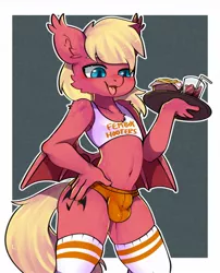 Size: 1036x1280 | Tagged: suggestive, alternate version, artist:snow angel, derpibooru import, oc, unofficial characters only, anthro, bat pony, crotch bulge, drink, femboy, food, hand on hip, hooters, image, jpeg, male, partial background, plate, simple background, solo, tongue out