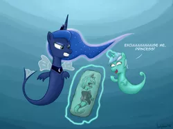 Size: 2640x1970 | Tagged: safe, artist:johnjoseco, artist:shivanking, derpibooru import, lyra heartstrings, princess luna, sea pony, blushing, body pillow, clothes, duo, image, jpeg, luna is not amused, maid, pinpoint eyes, seaponified, seapony luna, seapony lyra, species swap, the legend of zelda, unamused, underwater