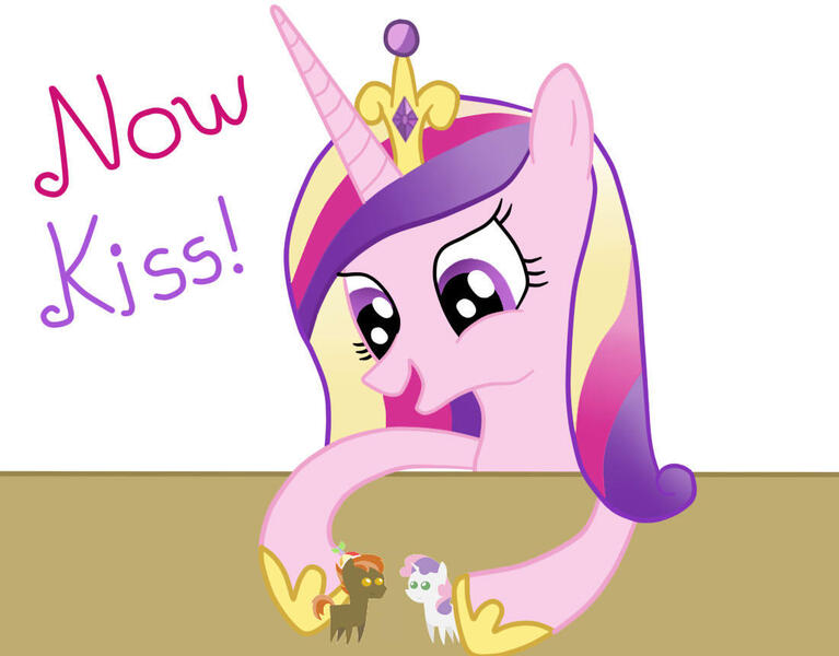 Size: 1100x860 | Tagged: safe, artist:chrisrainicorn, derpibooru import, button mash, princess cadance, sweetie belle, alicorn, pony, female, image, in-universe pegasister, jpeg, male, now kiss, princess of shipping, shipper on deck, shipping, solo, straight, sweetiemash, toy