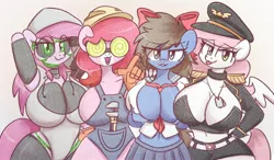 Size: 2560x1500 | Tagged: suggestive, artist:sugar morning, derpibooru import, oc, oc:bizarre song, oc:sugar morning, oc:vivi, unofficial characters only, anthro, earth pony, pegasus, robot, robot pony, :p, absolute cleavage, arm behind head, bedroom eyes, big breasts, braless, breasts, cleavage, clothes, female, females only, glasses, gloves, hard hat, hat, hoodie, huge breasts, image, jewelry, jpeg, looking at you, naked overalls, necklace, no underwear, overalls, ribbon, rule 63, school uniform, simple background, skirt, tongue out