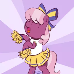 Size: 1000x1000 | Tagged: safe, artist:chrisrainicorn, derpibooru import, cheerilee, earth pony, pony, ^^, bipedal, cheerileeder, cheerleader, cheerleader outfit, clothes, eye clipping through hair, eyes closed, female, image, mare, open mouth, open smile, png, signature, skirt, smiling, solo, sunburst background