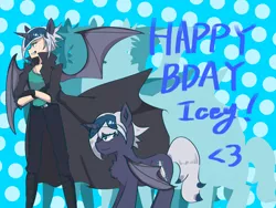 Size: 2048x1536 | Tagged: safe, artist:metaruscarlet, derpibooru import, oc, oc:elizabat stormfeather, unofficial characters only, alicorn, bat pony, bat pony alicorn, human, pony, alicorn humanization, alicorn oc, bat pony oc, bat wings, birthday, birthday gift, boots, chest fluff, clothes, coat, duo, fangs, female, grin, horn, horned humanization, humanized, humanized oc, image, jewelry, mare, necklace, pants, png, self paradox, self ponidox, shirt, shoes, smiling, t-shirt, winged humanization, wings