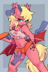 Size: 1196x1800 | Tagged: suggestive, alternate version, artist:snow angel, derpibooru import, oc, unofficial characters only, anthro, bat pony, bedroom eyes, breast grab, breasts, disembodied hand, female, grope, hand, hooters, image, jpeg, looking at you, plate, rule 63, solo, tongue out