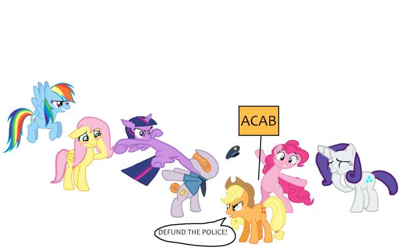 Size: 2575x1579 | Tagged: artist needed, safe, banned from derpibooru, deleted from derpibooru, derpibooru import, applejack, copper top, fluttershy, pinkie pie, rainbow dash, rarity, twilight sparkle, twilight sparkle (alicorn), alicorn, earth pony, pegasus, pony, unicorn, acab, applejack's hat, bipedal, blushing, cowboy hat, dialogue, eyes closed, female, floppy ears, flying, folded wings, grin, gritted teeth, hat, high res, hoof hold, hoof on cheek, hoof over mouth, hooves, horn, image, kicking, mane six, mare, mouthpiece, op is a duck, op is trying to start shit so badly that it's kinda funny, png, politics, sign, simple background, smiling, speech bubble, spread wings, standing, tail, underhoof, white background, wings