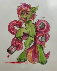 Size: 3000x3750 | Tagged: safe, artist:zlatavector, derpibooru import, oc, oc:frame gravity, unofficial characters only, pony, eating, fangs, food, image, jpeg, male, soup, tentacles, tin, tomato, tomato soup, trade, traditional art