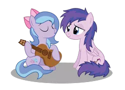 Size: 1674x1215 | Tagged: safe, artist:dragonchaser123, derpibooru import, oc, oc:mary medley, oc:purple roselyn, unofficial characters only, pegasus, pony, blushing, duo, duo female, eyes closed, female, folded wings, guitar, hoof hold, image, looking at someone, mare, musical instrument, open mouth, pegasus oc, png, shadow, show accurate, simple background, sitting, smiling, tail, transparent background, two toned mane, two toned tail, vector, wings