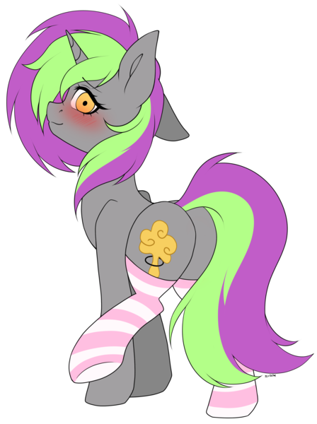 Size: 3364x4505 | Tagged: suggestive, artist:torihime, derpibooru import, oc, oc:frenzy nuke, unofficial characters only, pony, unicorn, blushing, clothes, collar, cutie mark, image, looking at you, looking back, looking back at you, one ear down, one leg raised, png, raised leg, rear view, simple background, socks, stockings, striped socks, thigh highs, transparent background