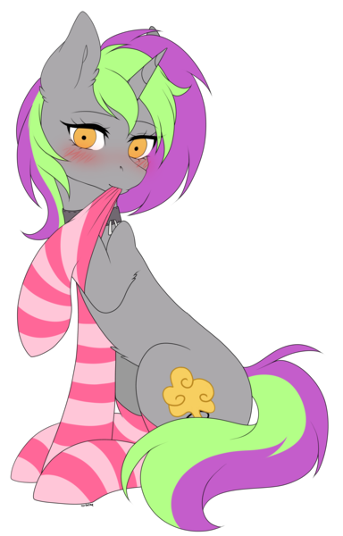 Size: 2966x4635 | Tagged: safe, artist:torihime, derpibooru import, oc, oc:frenzy nuke, unofficial characters only, pony, unicorn, biting, blushing, clothes, collar, cutie mark, female, image, looking at you, mare, png, socks, solo, solo female, stockings, striped socks, thigh highs
