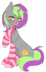 Size: 2966x4635 | Tagged: safe, artist:torihime, derpibooru import, oc, oc:frenzy nuke, unofficial characters only, pony, unicorn, biting, blushing, clothes, collar, cutie mark, female, image, looking at you, mare, png, socks, solo, solo female, stockings, striped socks, thigh highs