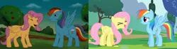 Size: 3840x1080 | Tagged: safe, artist:yinyanggio14, derpibooru import, fluttershy, rainbow dash, pony, sonic rainboom (episode), g1, g4 to g1, generation leap, image, jpeg, scene interpretation