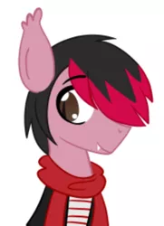 Size: 292x403 | Tagged: safe, artist:alandisc, derpibooru import, ponified, bat pony, pony, 2 color hair, black hair, clothes, coat, emo, fall out boy, fangs, gift for friend, hair over one eye, image, pete wentz, pink, png, red scarf, scarf, shirt, slit pupils, striped shirt