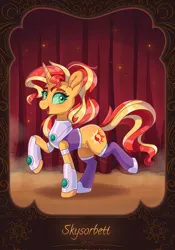 Size: 1431x2048 | Tagged: safe, artist:skysorbett_art, derpibooru import, sunset shimmer, pony, unicorn, alternate hairstyle, boots, clothes, cosplay, costume, crossover, cute, dc comics, female, image, jewelry, jpeg, mare, open mouth, raised hoof, raised leg, regalia, shimmerbetes, shoes, solo, starfire, teen titans