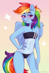 Size: 692x1024 | Tagged: safe, artist:skysorbett_art, derpibooru import, rainbow dash, anthro, pegasus, belly button, blushing, clothes, cute, dashabetes, female, grin, gris swimsuit, image, jpeg, one-piece swimsuit, see-through, smiling, solo, swimsuit
