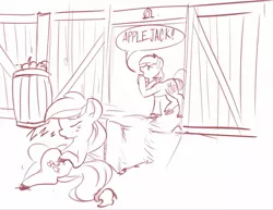 Size: 1309x1012 | Tagged: safe, artist:applepost67, derpibooru import, applejack, big macintosh, earth pony, pony, barn, brother and sister, duo, female, image, jpeg, male, mare, monochrome, onomatopoeia, siblings, sleeping, sound effects, stallion, zzz