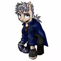 Size: 1638x1638 | Tagged: safe, artist:porcelanowyokular, derpibooru import, ponified, earth pony, pony, clothes, devil may cry 5, image, jpeg, male, nero (devil may cry), raised hoof, simple background, solo, stallion, white background