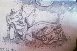 Size: 1098x728 | Tagged: safe, artist:porcelanowyokular, derpibooru import, derpy hooves, princess luna, oc, alicorn, pony, clothes, duo, female, full moon, graph paper, hoof shoes, image, jpeg, lying down, male, mare, moon, peytral, prone, shoes, smiling, spreading, stallion, traditional art