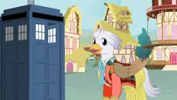 Size: 1280x720 | Tagged: safe, artist:mlp-silver-quill, derpibooru import, oc, oc:silver quill, after the fact, after the fact:testing testing 1 2 3, doctor who, image, png, ponyville, tardis, the explosion in a rainbow factory, town hall