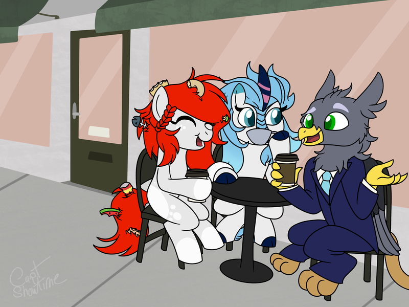 Size: 2732x2048 | Tagged: safe, artist:captshowtime, derpibooru import, oc, oc:auro, oc:lumi, oc:trashie, earth pony, gryphon, kirin, pony, cafe, clothes, coffee, commission, female, food, griffon oc, hanging out, image, mare, necktie, png, sitting, street, suit, table, tea