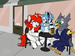 Size: 2732x2048 | Tagged: safe, artist:captshowtime, derpibooru import, oc, oc:auro, oc:lumi, oc:trashie, earth pony, gryphon, kirin, pony, cafe, clothes, coffee, commission, female, food, griffon oc, hanging out, image, mare, necktie, png, sitting, street, suit, table, tea