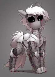 Size: 2480x3508 | Tagged: semi-grimdark, artist:underpable, derpibooru import, oc, unofficial characters only, pony, robot, robot pony, blood, commission, high res, image, png, sad, simple background, solo