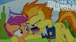 Size: 1280x720 | Tagged: safe, derpibooru import, edit, edited screencap, editor:quoterific, screencap, scootaloo, spitfire, pegasus, pony, season 8, the washouts (episode), spoiler:s08, duo, female, filly, flying, foal, image, jpeg, mare, open mouth, sunglasses