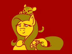 Size: 1800x1350 | Tagged: safe, artist:flutterluv, derpibooru import, fluttershy, big cat, pegasus, pony, tiger, chinese new year, cute, female, image, jpeg, lidded eyes, limited palette, looking up, lunar new year, lying down, mare, prone, red background, shyabetes, simple background, smiling, solo, year of the tiger