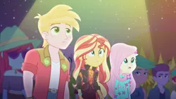 Size: 3410x1920 | Tagged: safe, derpibooru import, screencap, big macintosh, fluttershy, sunset shimmer, equestria girls, equestria girls series, the last drop, spoiler:eqg series (season 2), female, geode of empathy, high res, image, jpeg, magical geodes, male, music festival outfit, night, open mouth, the last drop: sunset shimmer
