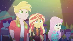 Size: 3410x1920 | Tagged: safe, derpibooru import, screencap, big macintosh, fluttershy, sunset shimmer, equestria girls, equestria girls series, the last drop, the last drop: fluttershy, spoiler:eqg series (season 2), female, geode of empathy, high res, image, jpeg, magical geodes, male, music festival outfit, night, open mouth