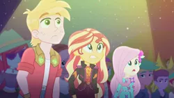 Size: 3410x1920 | Tagged: safe, derpibooru import, screencap, big macintosh, fluttershy, sunset shimmer, equestria girls, equestria girls series, the last drop, the last drop: big macintosh, spoiler:eqg series (season 2), female, geode of empathy, high res, image, jpeg, magical geodes, male, music festival outfit, night, open mouth