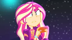 Size: 3410x1920 | Tagged: safe, derpibooru import, screencap, sunset shimmer, equestria girls, equestria girls series, the last drop, spoiler:eqg series (season 2), faic, female, high res, image, jpeg, mobile phone, music festival outfit, night, open mouth, phone, shrunken pupils, smartphone, solo, the last drop: sunset shimmer