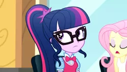Size: 3410x1920 | Tagged: safe, derpibooru import, screencap, fluttershy, sci-twi, twilight sparkle, epic fails (equestria girls), eqg summertime shorts, equestria girls, duo, duo female, eyes closed, female, glasses, high res, image, jpeg, open mouth, ponytail