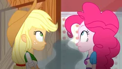 Size: 3410x1920 | Tagged: safe, derpibooru import, screencap, applejack, pinkie pie, epic fails (equestria girls), eqg summertime shorts, equestria girls, applejack's hat, cowboy hat, duo, duo female, female, hat, high res, image, jpeg, looking up, smoke