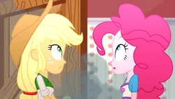 Size: 3410x1920 | Tagged: safe, derpibooru import, screencap, applejack, pinkie pie, epic fails (equestria girls), eqg summertime shorts, equestria girls, applejack's hat, cowboy hat, duo, duo female, female, hat, high res, image, jpeg, looking up, open mouth, smoke