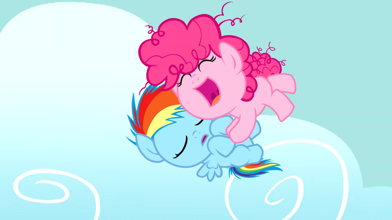 Size: 3410x1920 | Tagged: safe, artist:magpie-pony, derpibooru import, pinkie pie, rainbow dash, earth pony, pegasus, pony, ^^, baby, baby dash, baby pie, baby pony, cloud, cute, dashabetes, diapinkes, duo, eyes closed, female, filly, foal, image, jpeg, open mouth, open smile, sky, sleeping, smiling, younger, youtube link
