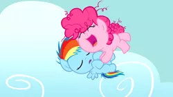 Size: 3410x1920 | Tagged: safe, artist:magpie-pony, derpibooru import, pinkie pie, rainbow dash, earth pony, pegasus, pony, ^^, baby, baby dash, baby pie, baby pony, cloud, cute, dashabetes, diapinkes, duo, eyes closed, female, filly, foal, image, jpeg, open mouth, open smile, sky, sleeping, smiling, younger, youtube link