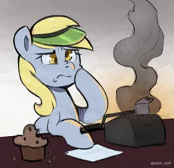 Size: 930x900 | Tagged: safe, artist:talimingi, derpy hooves, pegasus, pony, broken, female, food, hat, image, jpeg, mare, muffin, smoking, solo, thinking