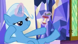 Size: 498x280 | Tagged: safe, derpibooru import, screencap, trixie, pony, unicorn, all bottled up, apple core, female, glow, glowing horn, horn, image, jpeg, magic, magic aura, mare, telekinesis