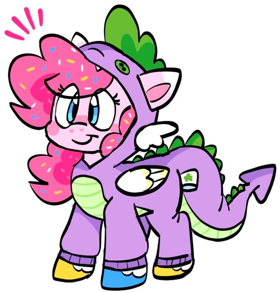 Size: 1404x1464 | Tagged: safe, artist:raystarkitty, derpibooru import, pinkie pie, spike, earth pony, pony, cute, februpony, female, image, jpeg, mare, simple background, solo, spike costume, spike suit, white background